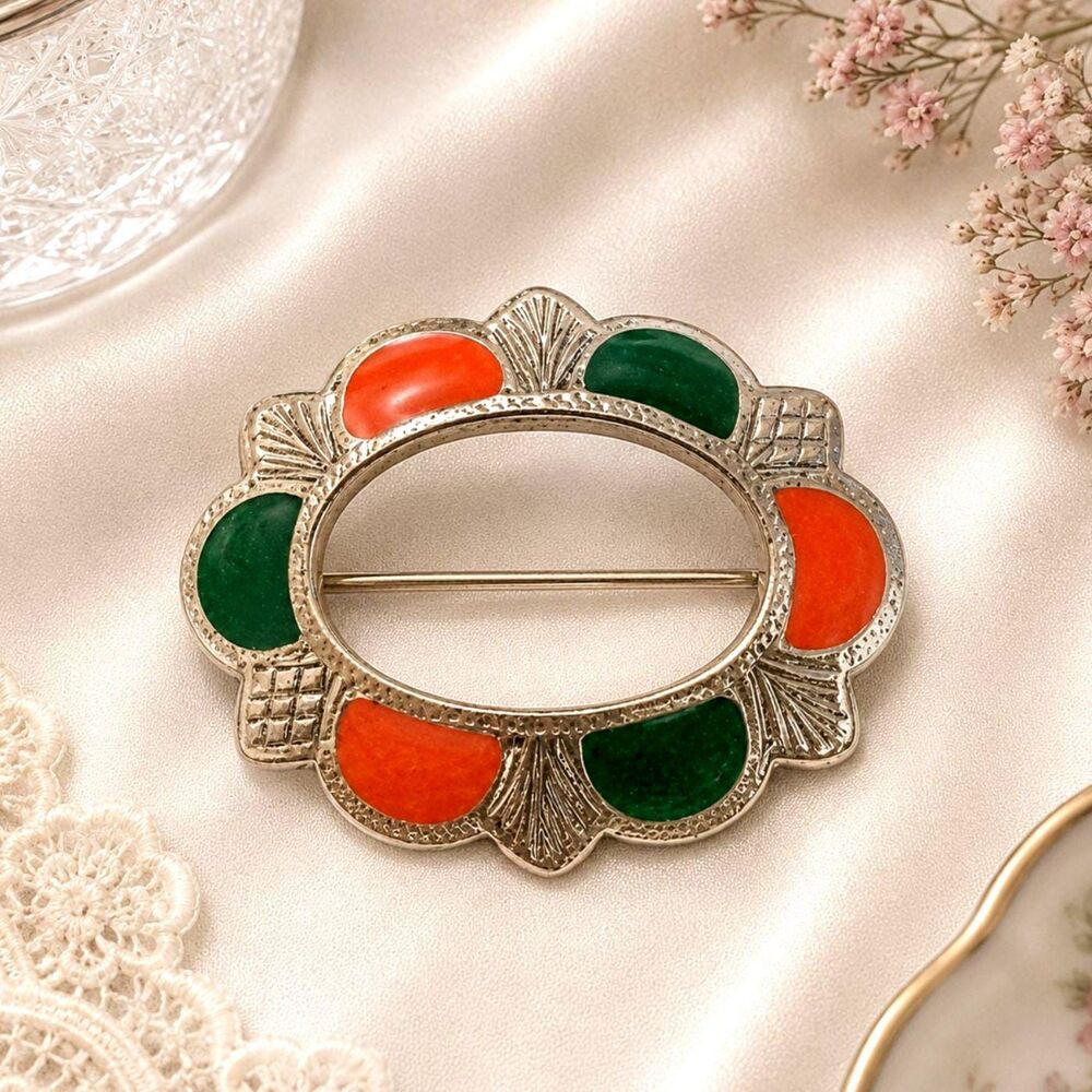 Vintage Orange Green Enamel Silver Tone Oval Brooch